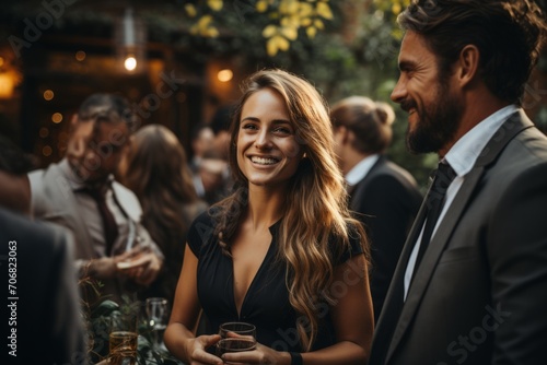 Dynamic outdoor networking event, featuring professionals conversing with drinks in hand, fostering valuable connections, Generative AI
