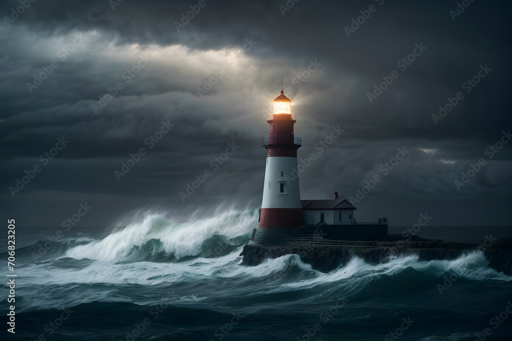 A lighthouse in the middle of a stormy sea