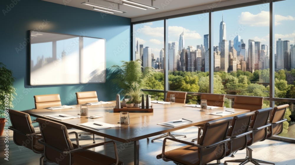 conference room interior with blank whiteboard, furniture, city view and sunlight.