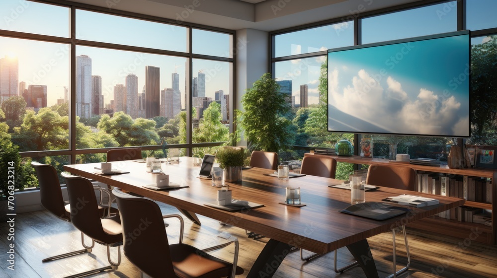 conference room interior with blank whiteboard, furniture, city view and sunlight.