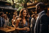 Lively outdoor networking event where professionals with beverages in hand exchange ideas and build connections, Generative AI