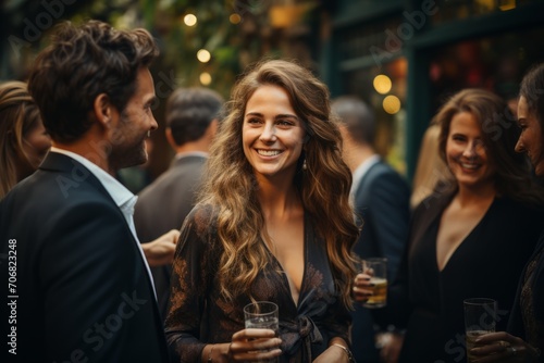 Group of professionals gathered outdoors, enjoying drinks and fostering connections during a networking event, Generative AI
