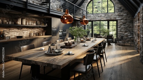 spacious industrial loft kitchen with wooden counter tops  vintage decor and cupboards