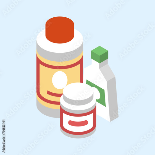 Vector flat 3d isometric pharmaceutics pharmacy drug store