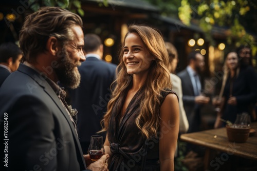 Business individuals mingling at an outdoor event, balancing drinks and productive discussions for successful networking, Generative AI
