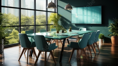 Small meeting room with glass chairs and tables.