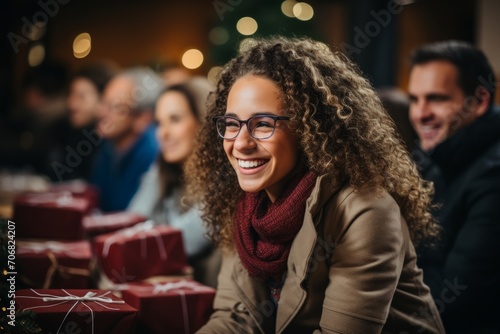 Coworkers at an office Christmas party, participating in a Secret Santa gift exchange, spreading holiday cheer, Generative AI