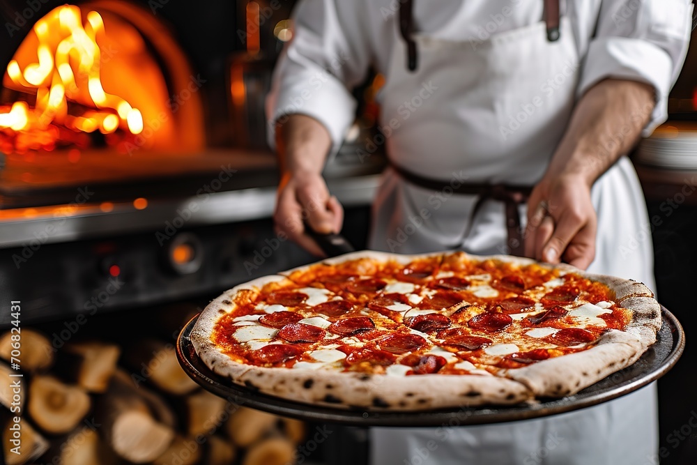 A professional chef takes pepperoni pizza out of the oven.