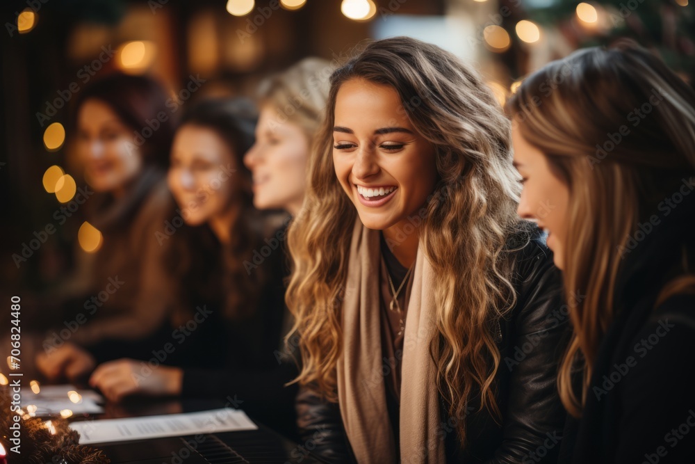 Group of employees huddled around the office piano, singing cheerful Christmas carols during the holiday celebration, Generative AI