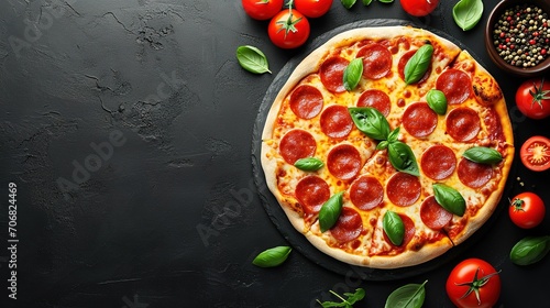 Tasty pepperoni pizza and cooking ingredients tomatoes basil on black concrete background.