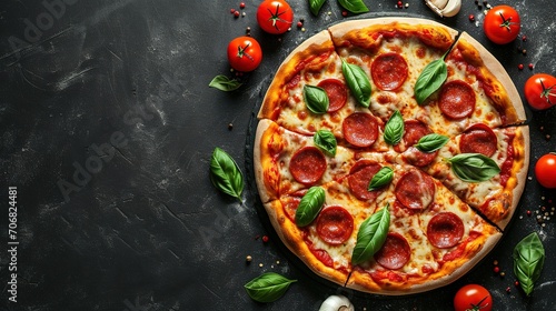 Tasty pepperoni pizza and cooking ingredients tomatoes basil on black concrete background.