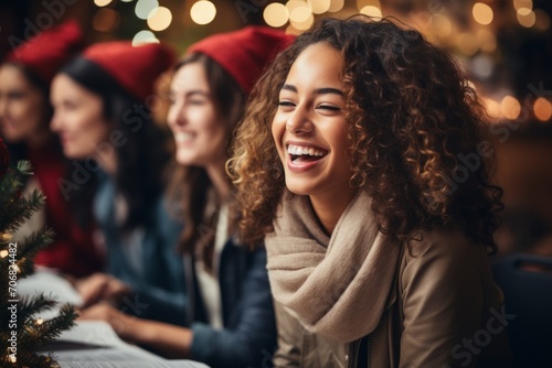 Group of employees huddled around the office piano, singing cheerful Christmas carols during the holiday celebration, Generative AI