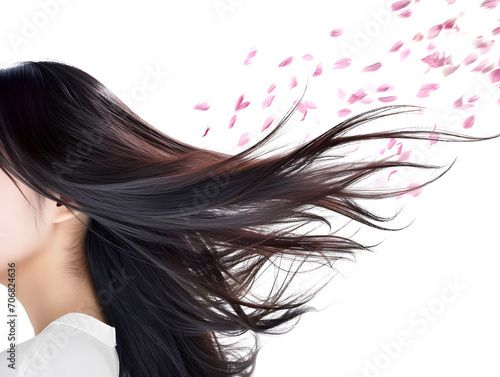 風に舞う花びらと美しい髪のアジア系女性
