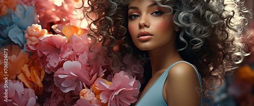 Beautiful young woman with afro hairstyle and flowers. Beauty, fashion. photo