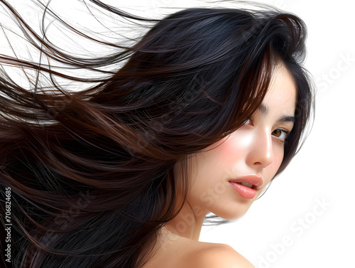 流れるような美しさの黒髪ロングヘアのアジア人女性