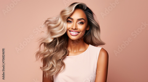 Portrait of a beautiful woman with long wavy blond hair.