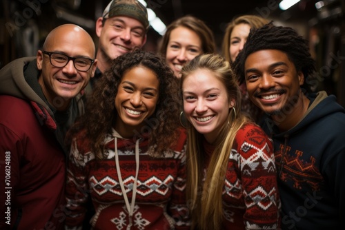 Office colleagues wearing ugly Christmas sweaters and posing for a fun group photo during their holiday party, Generative AI