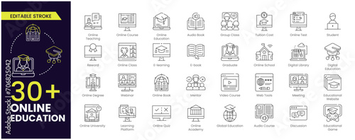 Online education stroke icon set. Containing video tuition, e-learning, online course, audio course, educational website and digital education icons. Editable Stroke icon collection. Outline