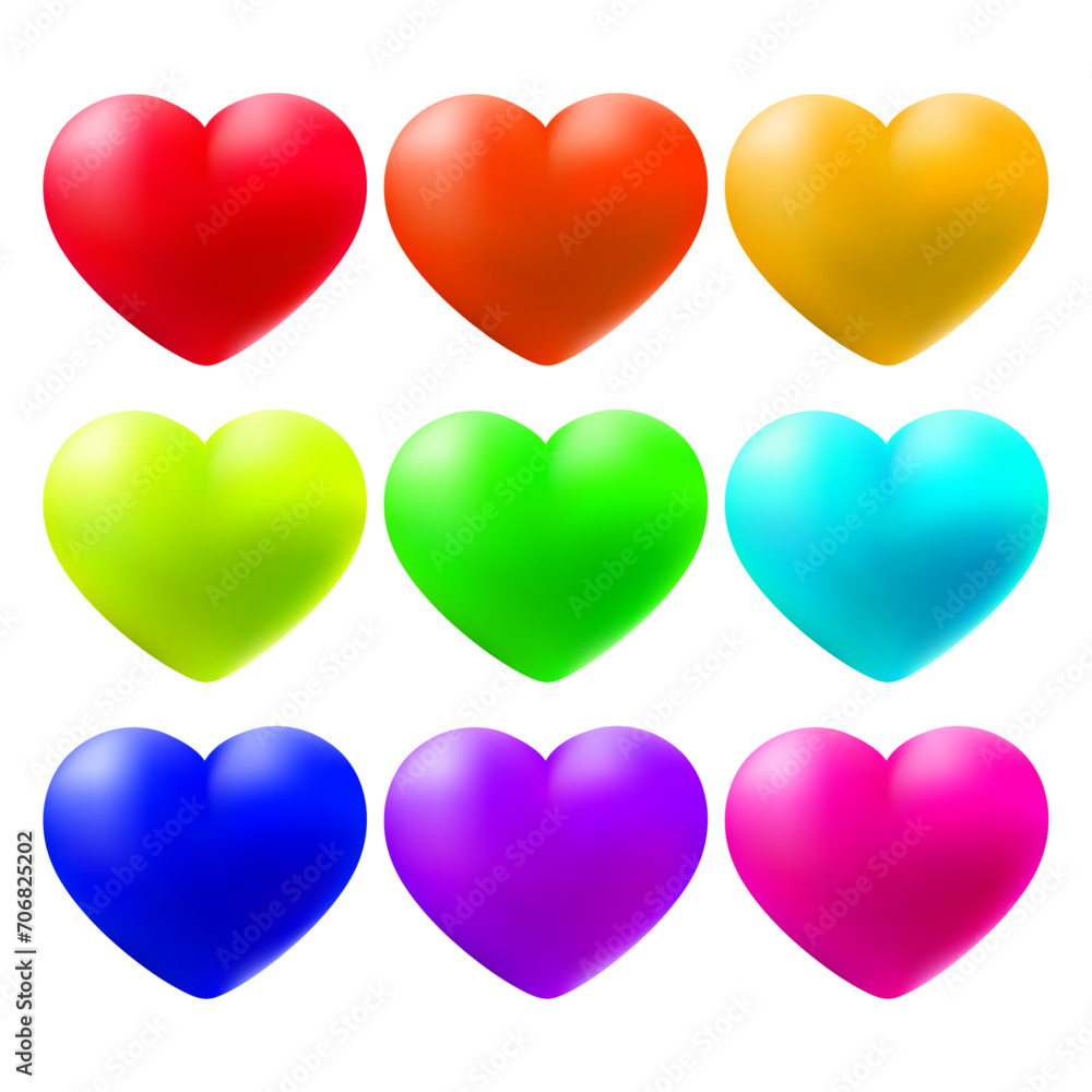 Vector shiny 3d heart collection on white background