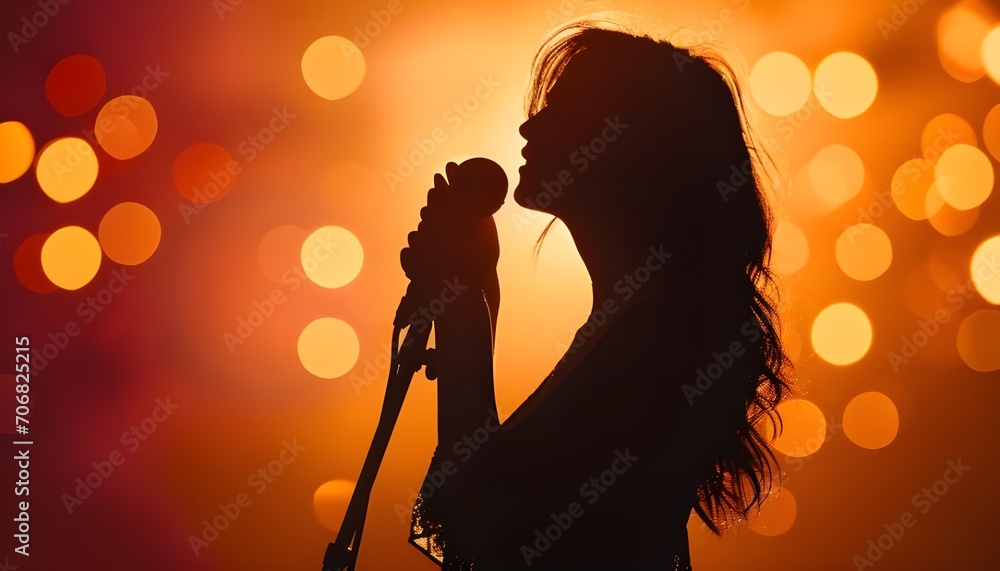 Silhouette of a woman singing with a microphone in hands