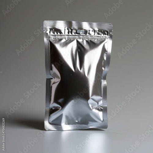 Silver Pouch Isolated on Grey Background. Blank Metalic for Product Packaging Mockup. 