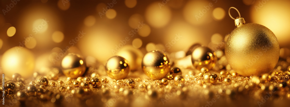 Beautiful many golden balls It is a celebration of important days, New Year's Day, Christmas, festivals, beautiful golden backdrops, widescreen blurred background with golden balls.