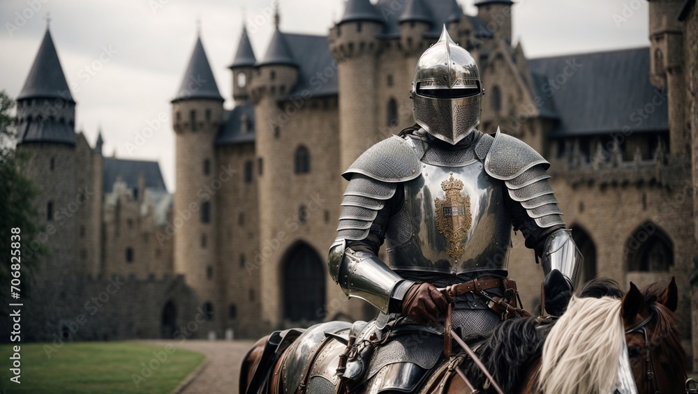 Fototapeta premium A medieval knight in shining iron armor, mounted on a horse, in front of a historic castle Generative AI