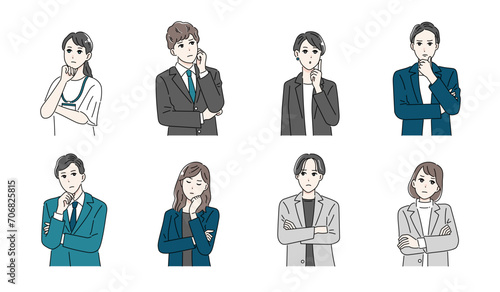 腕を組み悩んでいる様々な職種のビシネスパーソンのイラストセット