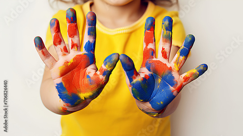 The child draws with finger paints, develops imagination and finger motor skills.