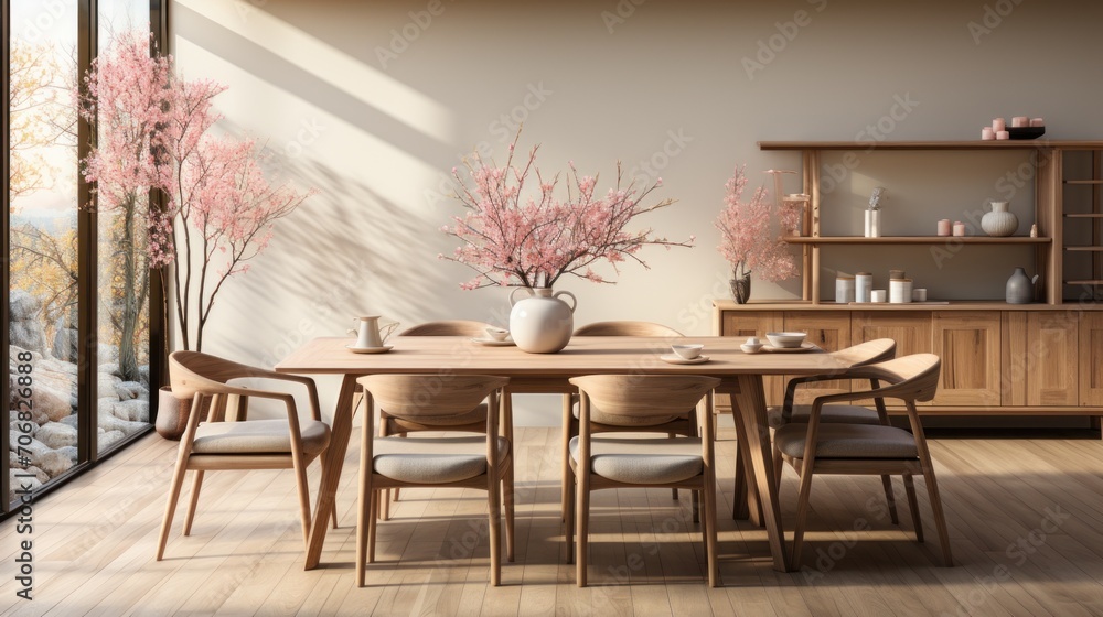 Fototapeta premium Korean style dining room interior, beige, designed wooden table and chairs, flower vase, elegant accessories