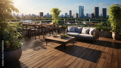 Stylish large house terrace with wooden floors on the rooftop with beautiful decor and city views © Prasojo
