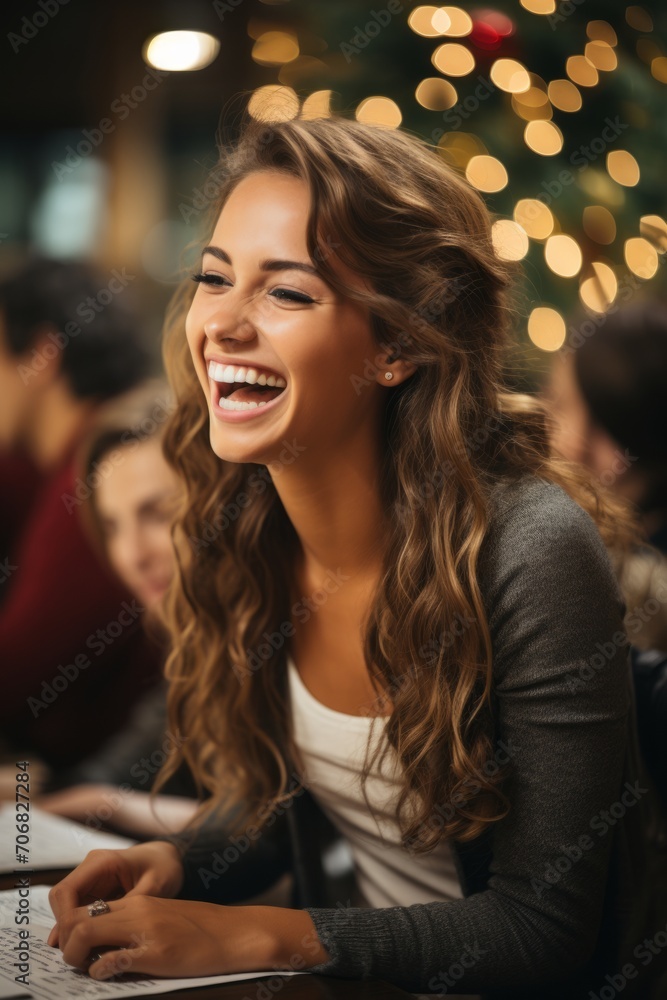 Group of employees huddled around the office piano, singing cheerful Christmas carols during the holiday celebration, Generative AI Group of employees huddled around the office piano, singing cheerful Christmas carols during the holiday celebration, Generative AI