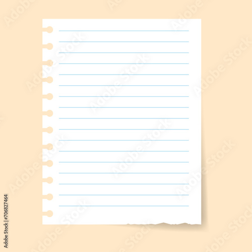 Vector sheet of notebook paper with shadow on yellow background