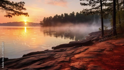 beautiful nature background with lake allatoona at red top mountain state park at sunset. seamless looping overlay 4k virtual video animation background  photo
