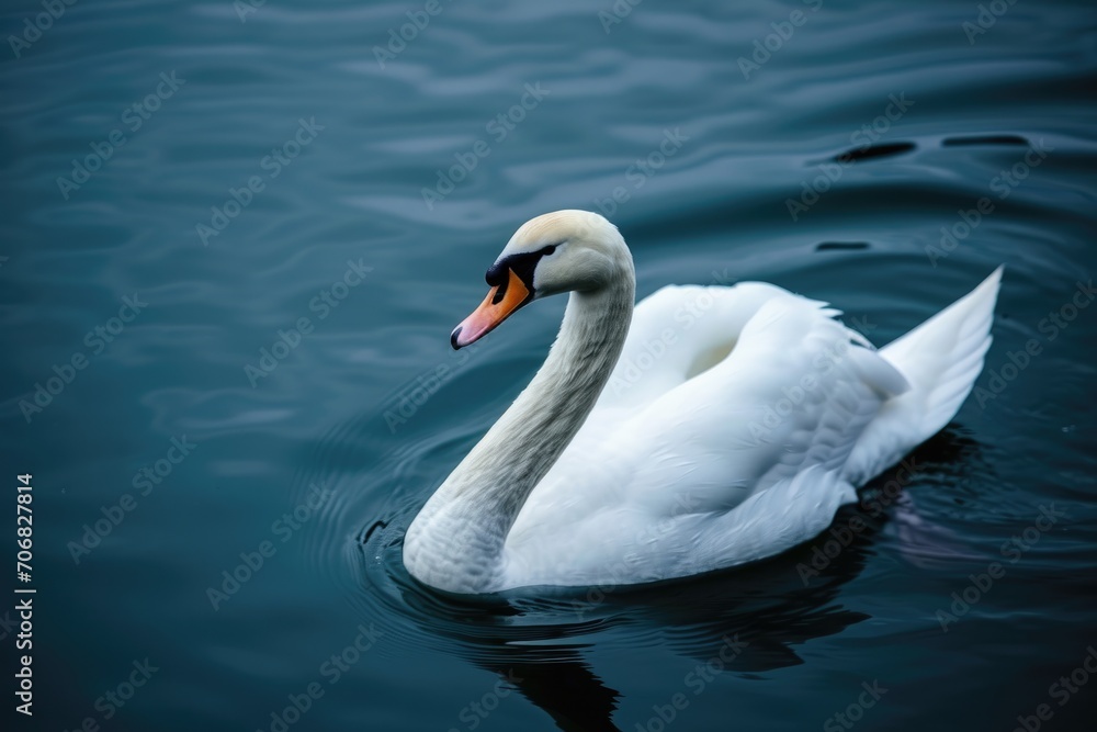 An elegant white swan swimming gracefully An elegant white swan swimming gracefully