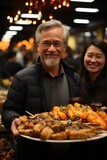 Employees enjoying a delightful holiday feast with various dishes and desserts at the office Christmas party, Generative AI