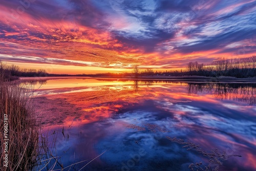 A serene lake at sunrise  reflecting the colorful sky