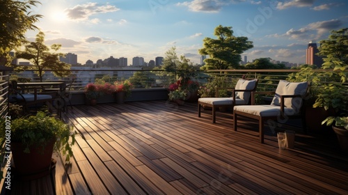 Stylish large house terrace with wooden floors on the rooftop with beautiful decor and city views