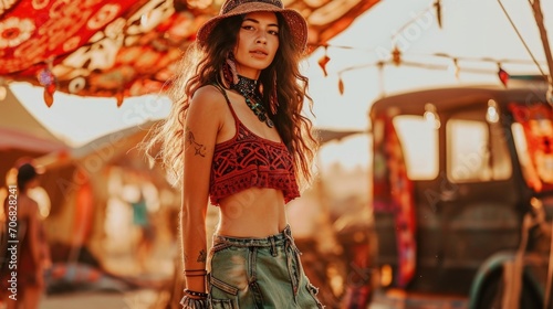 Festival Frenzy Make a statement at Coachella with a tiedye flowy cargo skirt, a crochet cropped camisole, and chunky espadrilles for a fun and trendy outfit. photo