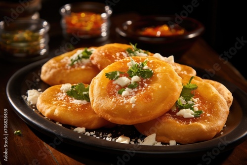 A visually appealing shot captures the essence of traditional Chilean sopaipillas. These golden, pillowy rounds of fried dough are adorned with a sprinkling of powdered sugar, emitting a photo