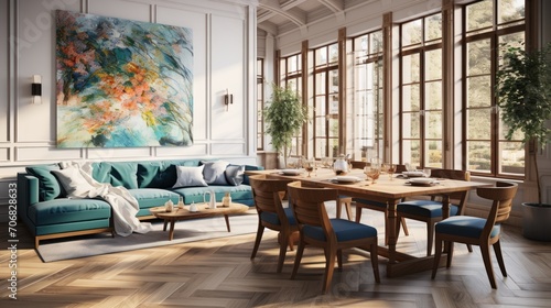 stylish and eclectic dining room with paintings, chairs, tables, lamps and sofas. White walls, wooden parquet. © Prasojo