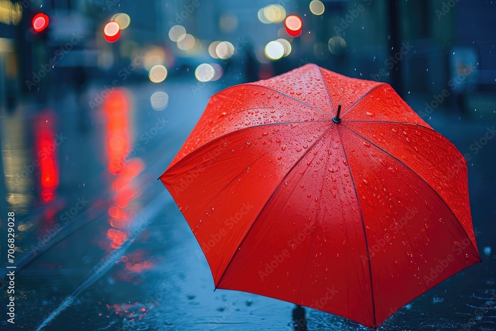 Red umbrella on a rainy street