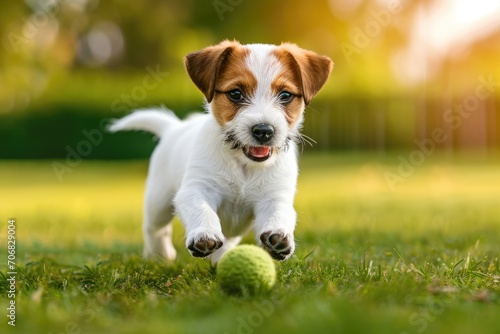 Playful puppy chasing a ball in a park