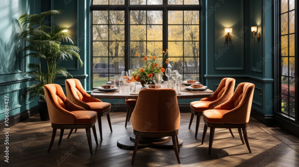 Stylish composition of elegant dining room interior design. Glamorous interior design inspiration.