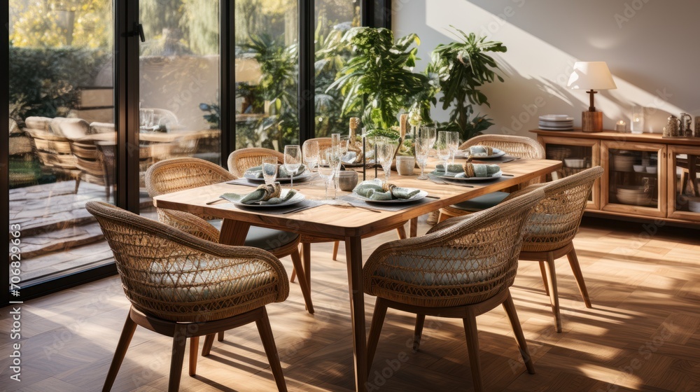 Stylish dining room interior with family table, rattan chairs and lamp, plants, tableware, carpet, decorations