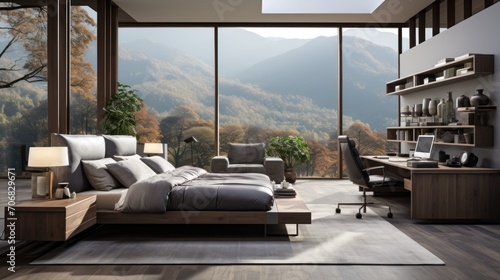 Modern bedroom style interior with garden view from large window