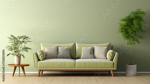 retro mid century style sage green fabric sofa photo