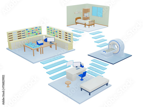 医療関係の複数の部屋、アイソメトリック