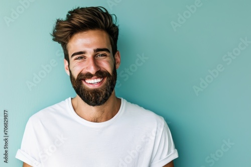 Smiling man with a beard, wearing casual clothes, standing against a pastel blue background.