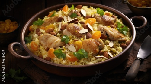Delight in the vibrant shades of yellow permeating this festive chicken plov, where tender pieces of chicken mingle with golden raisins, fragrant almonds, and a flavorpacked blend of turmeric,